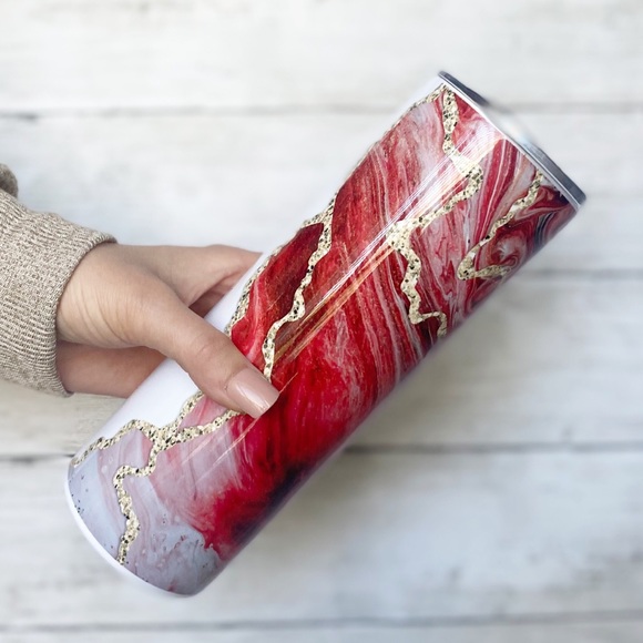 Proverbs 31:25 Christian 20oz Skinny Steel Tumbler - Red Marble Geode - Picture 4 of 4